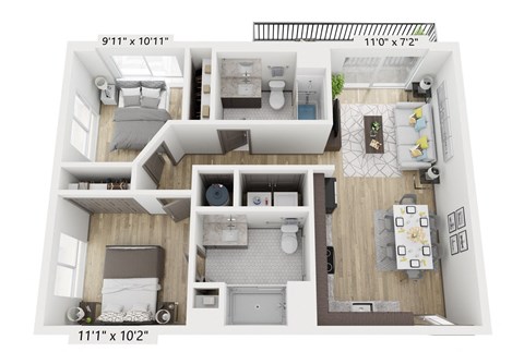 Floor plan for 2 beds, 2 baths, 891 sqft